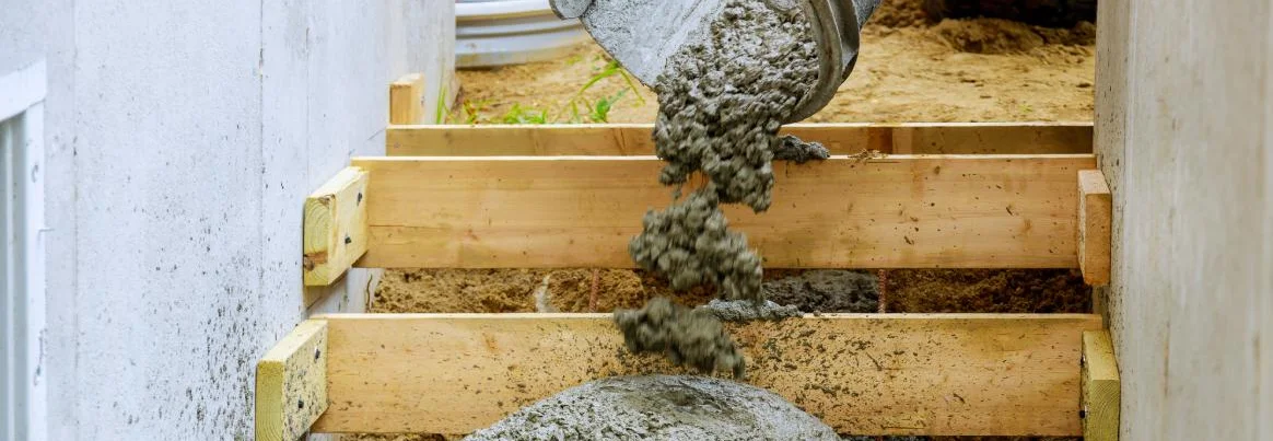 Beton wird aus einer Schütte in eine Holzschalung für eine Treppe gegossen.